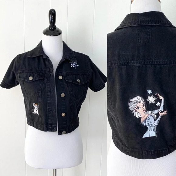 GAP Disney Frozen Cropped Embroidered Short Sleeve Black Denim Top Size Small - Picture 1 of 13